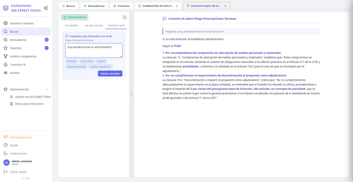 Consulta en lenguaje natural sobre un pliego, respondida por la IA con citas del documento.