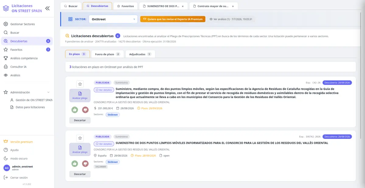 Listado de licitaciones descubiertas automáticamente para el sector del usuario.