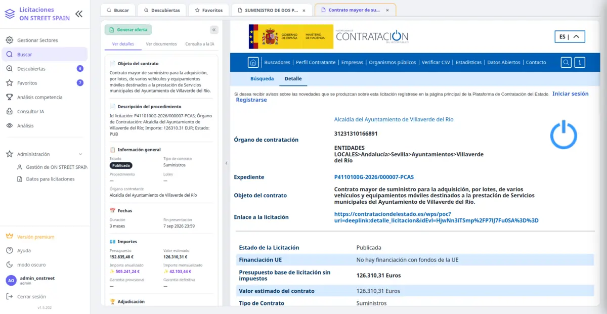 Ficha de una licitación con todos sus datos: objeto, importe, plazos y organismo.